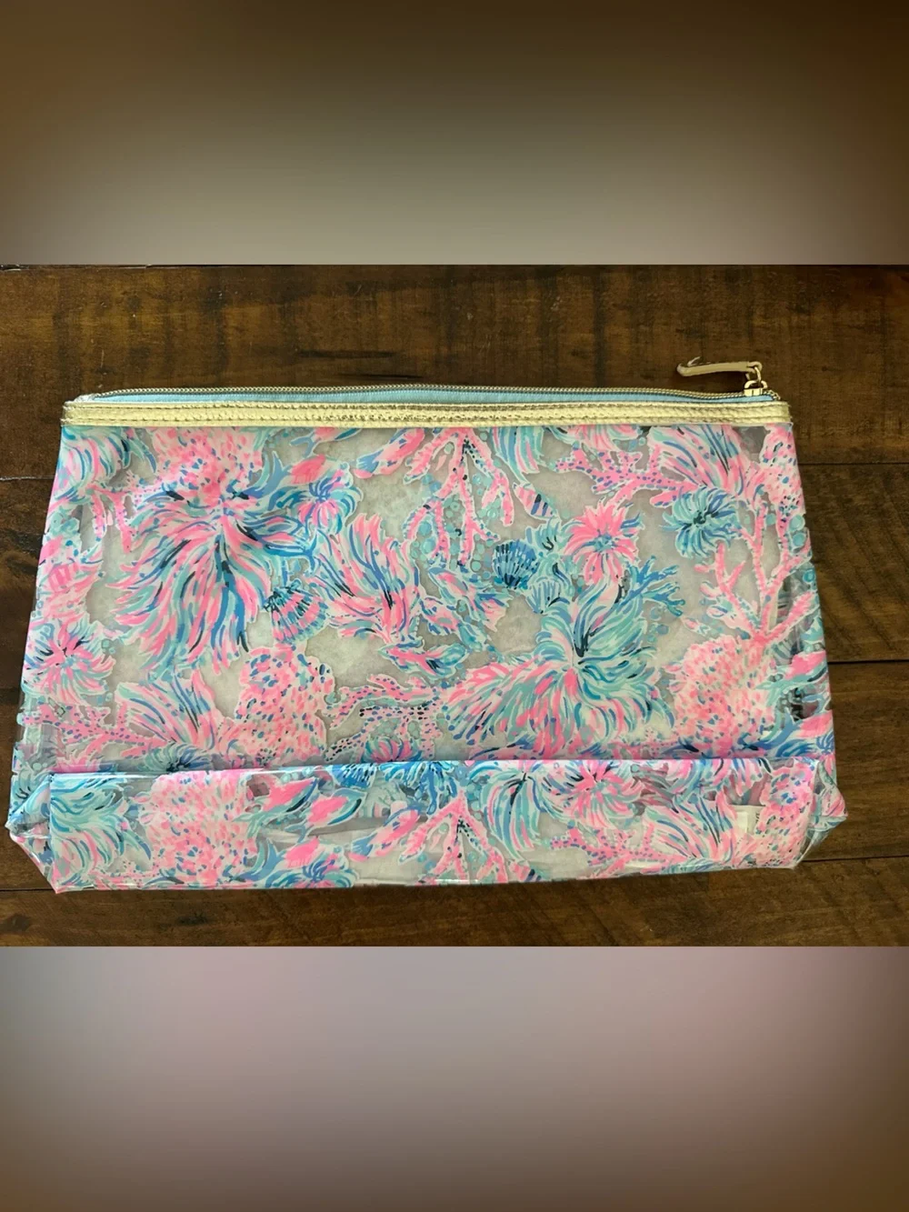 Lilly Pulitzer Pink & Blue Coral Floral Cosmetic Pouch with Gold Zipper